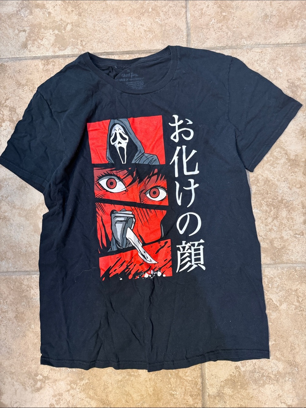 Black Graphic Horror Anime Tee with Red & White Print